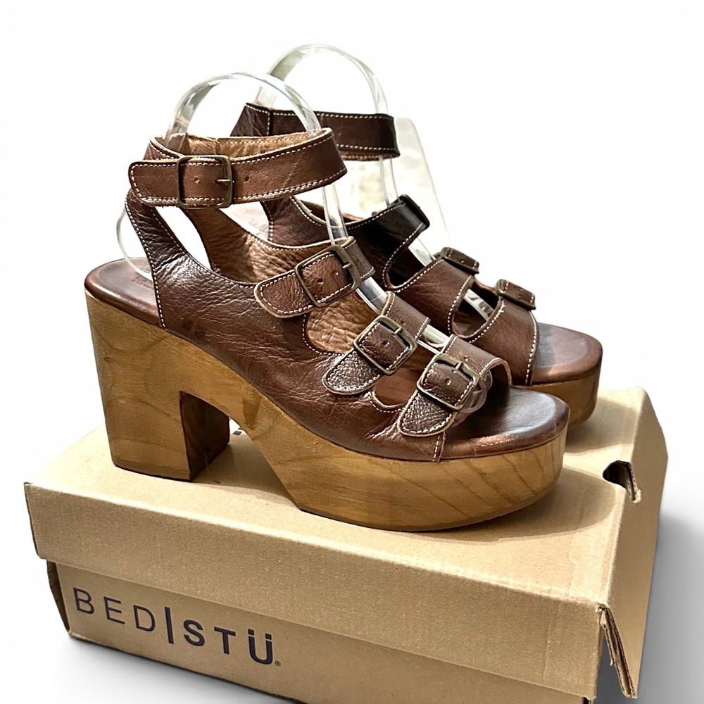 Bed Stu Jordyn Teak Driftwood Leather Platform Sandals Limited Edition Wood 9